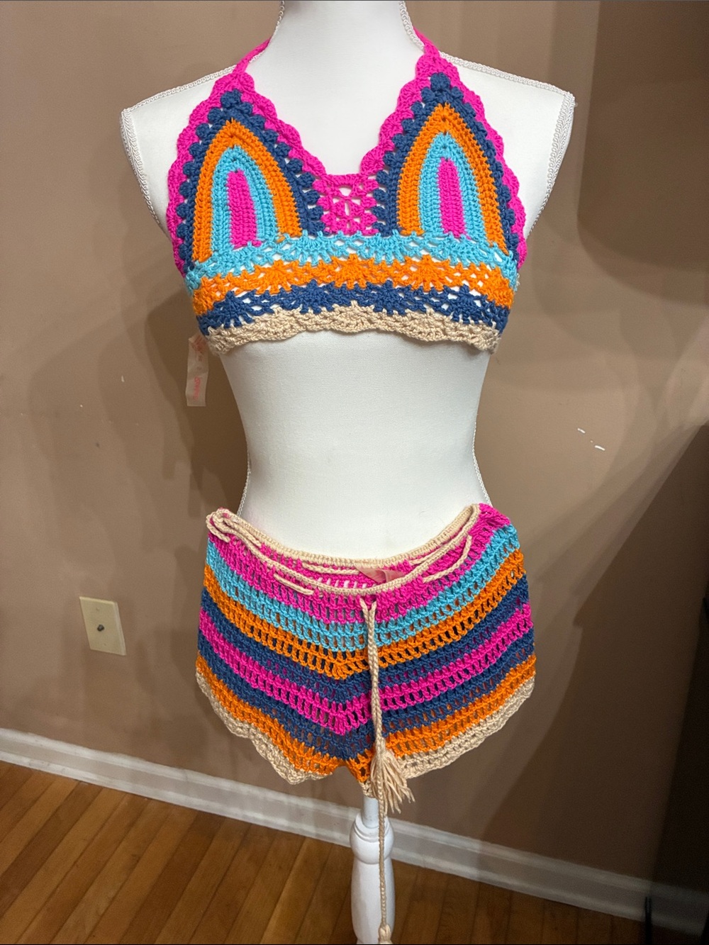 Multicolor Crochet Halter Bikini Set - Pink & Turquoise